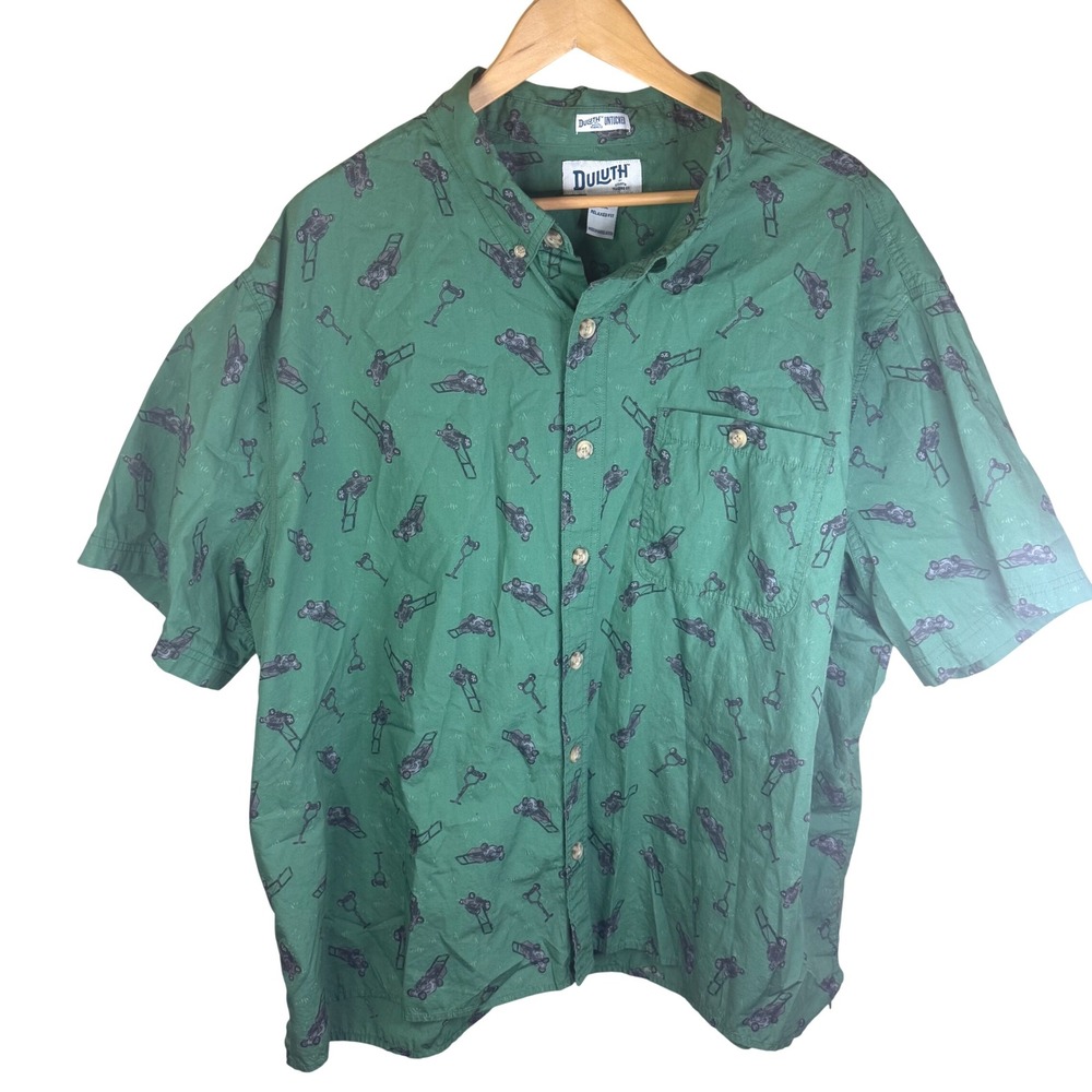 Duluth Trading Co Mens BBQ 3XL Green‎ Lawn Mower Print Untucked Button Up Shirt